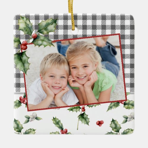 Christmas Holiday Photo Plaid Watercolor Floral Ceramic Ornament