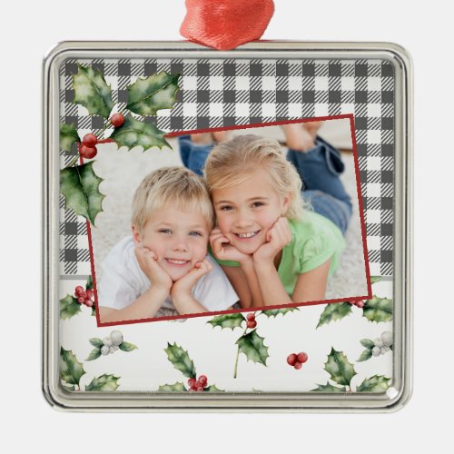 Christmas Holiday Photo Plaid Watercolor Floral Metal Ornament