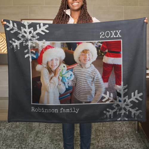 Christmas Holiday Photo Snowflake Chalkboard Fleece Blanket