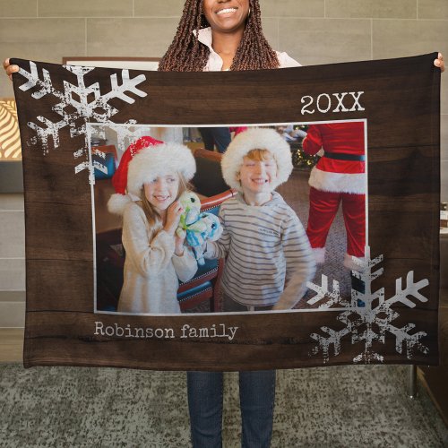 Christmas Holiday Photo Snowflake Rustic Wood Fleece Blanket