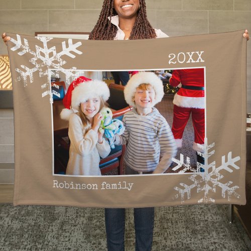 Christmas Holiday Photo Snowflake Tan Fleece Blanket