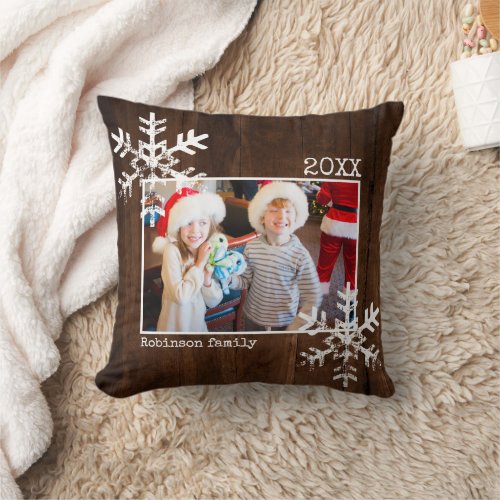 Christmas Holiday Photo Snowflakes Dark Wood Throw Pillow