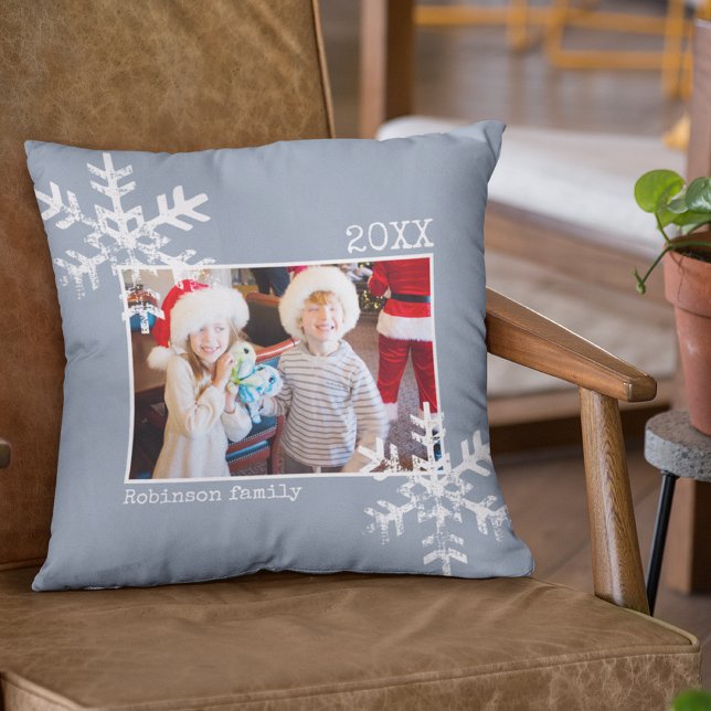 Christmas Holiday Photo Snowflakes Dusty Blue Throw Pillow (Rustic snowflake family holiday keepsake photo pillow perfect for decorate your home.)