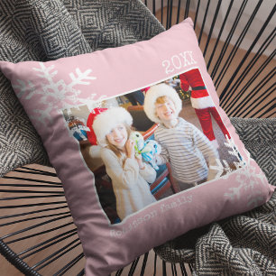 Christmas Holiday Photo Snowflakes Pink Throw Pillow