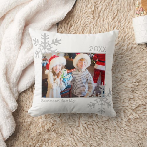 Christmas Holiday Photo Snowflakes White Throw Pillow