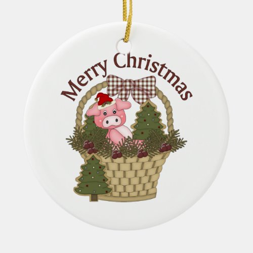 Christmas Holiday Pig Basket _ Customize Ceramic Ornament