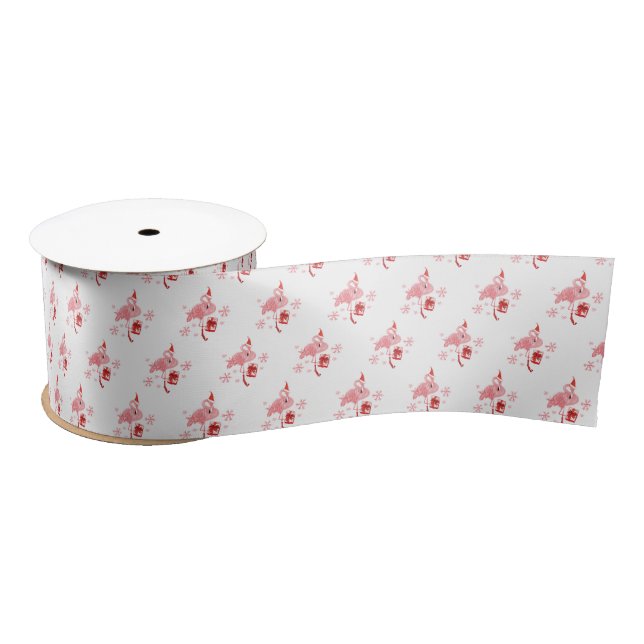 Christmas Holiday Pink Flamingo Pattern Satin Ribbon (Spool)