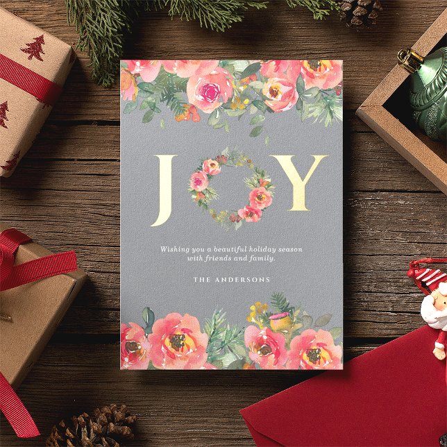 Christmas Holiday Pink Joy Wreath Botanical  Foil Invitation (Creator Uploaded)