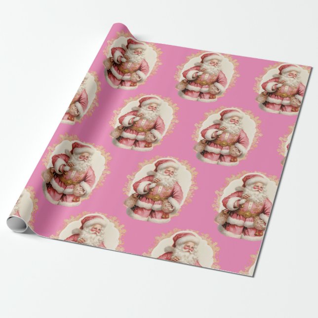 Christmas Holiday Pink Santa Claus Wrapping Paper (Unrolled)