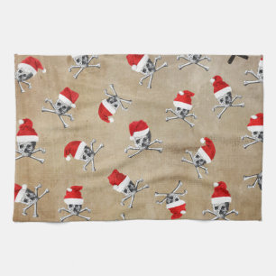 Christmas Holiday Pirate Skulls on Biege Kitchen Towel