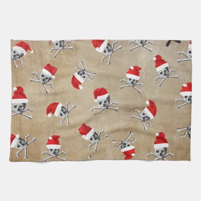 Christmas Holiday Pirate Skulls on Biege Kitchen Towel (Horizontal)