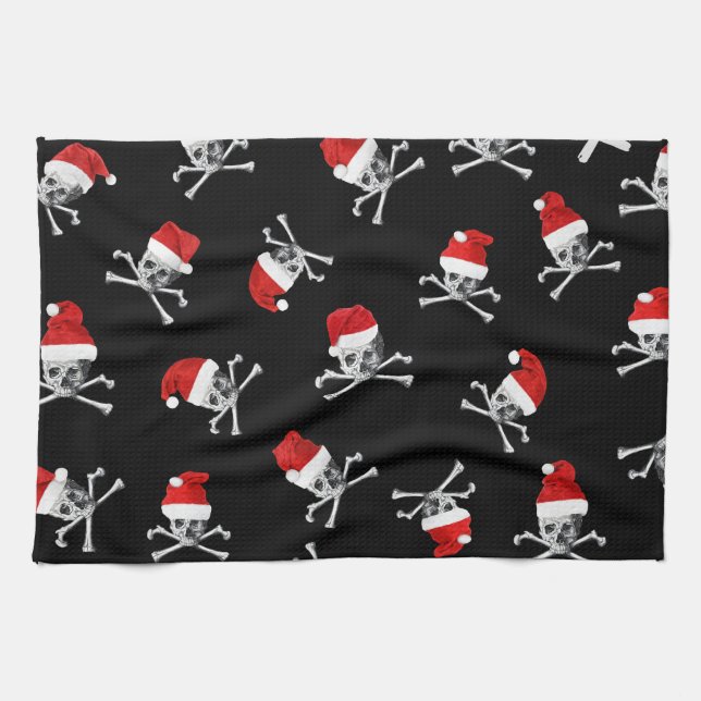 Christmas Holiday Pirate Skulls on Black Towel (Horizontal)