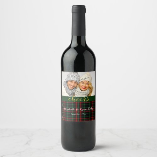 Christmas Holiday Plaid Cheers Personal Photo Wine Label