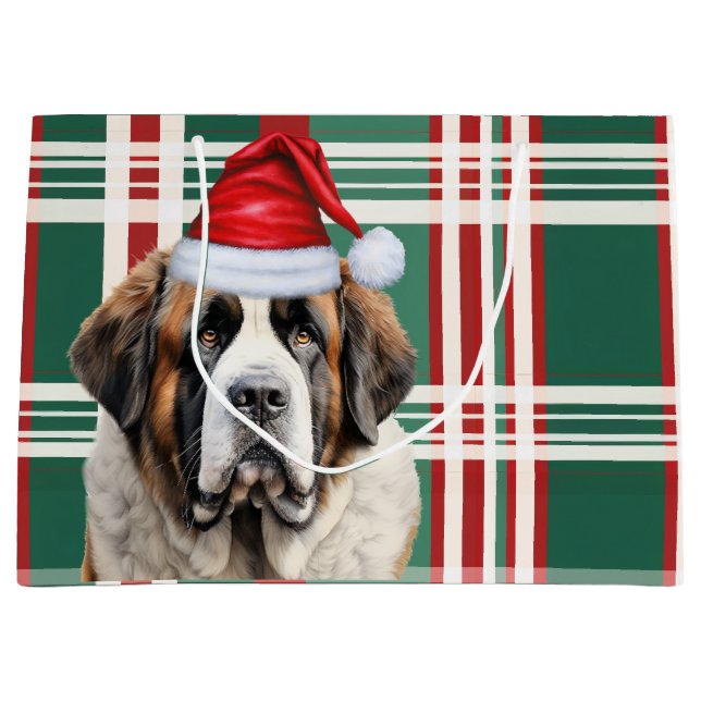 Christmas Holiday Plaid Saint Bernard Dog Lover Large Gift Bag (Front)
