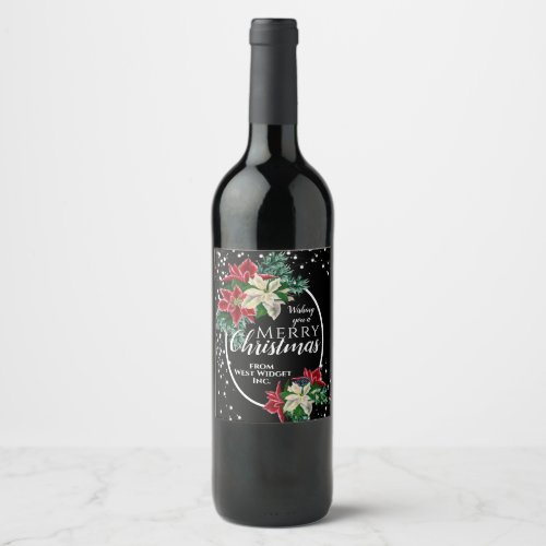 Christmas Holiday Poinsettia Festive Floral Black Wine Label