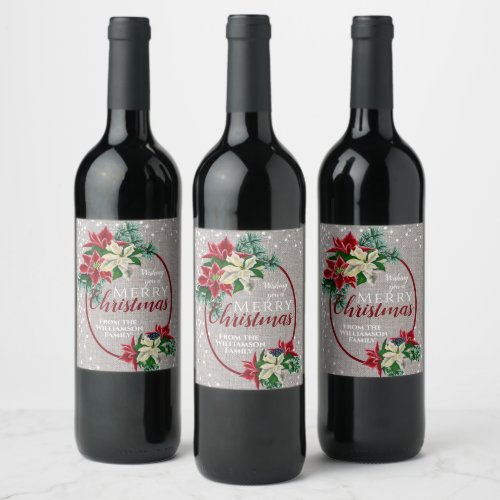 Christmas Holiday Poinsettia Festive Floral Burlap Wine Label