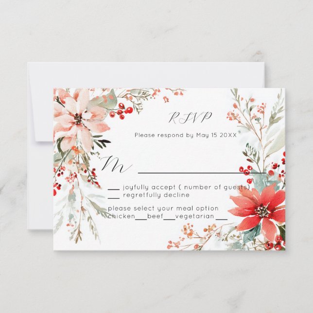Christmas Holiday Poinsettia floral Wedding RSVP (Front)