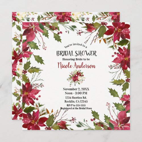 Christmas Holiday Poinsettia Flower Bridal Shower Invitation