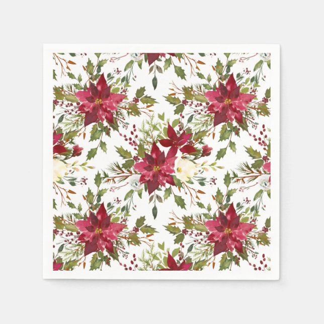 Christmas Holiday Poinsettia Flower Winter Floral Paper Napkins (Front)