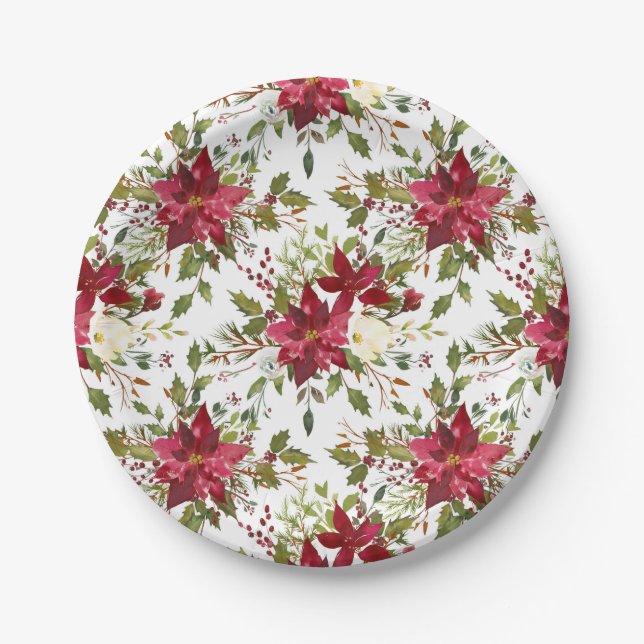 Christmas Holiday Poinsettia Flower Winter Floral Paper Plates (Front)