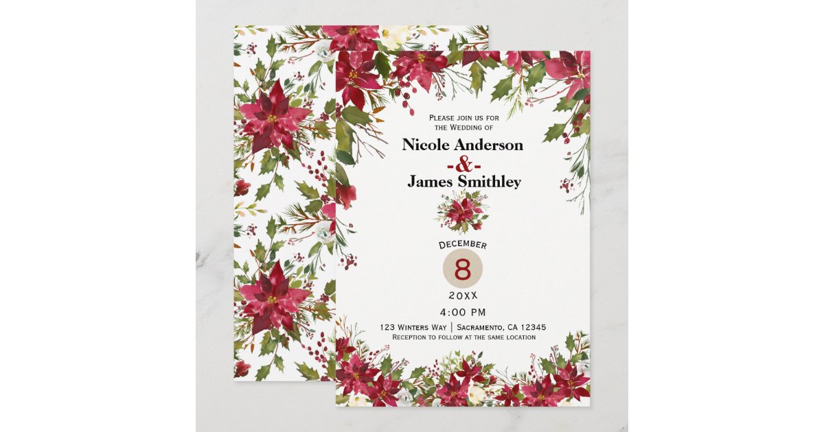 Christmas Holiday Poinsettia Holly Berry Wedding Invitation | Zazzle