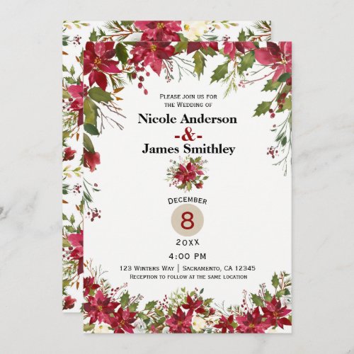 Christmas Holiday Poinsettia Holly Berry Wedding Invitation