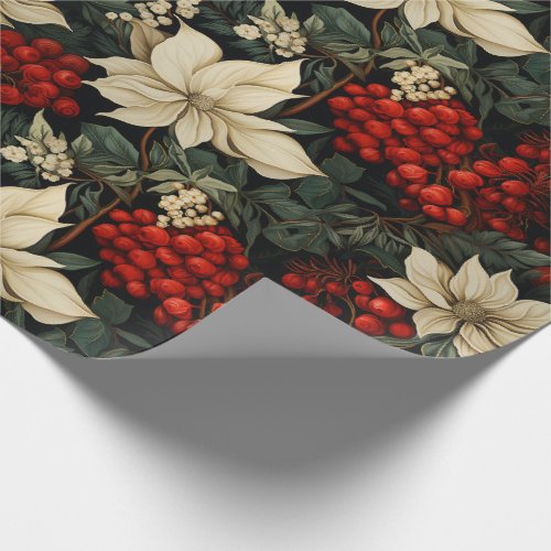 ChristmasHoliday Poinsettias Red Berries Greenery Wrapping Paper