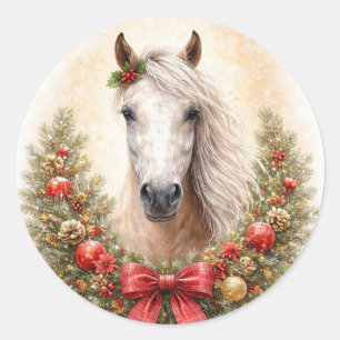 Christmas Holiday Pretty Horse and Wreath Classic Round Sticker