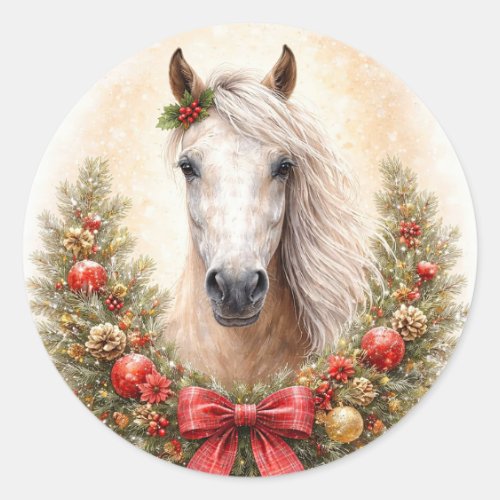 Christmas Holiday Pretty Horse and Wreath Classic Round Sticker