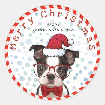 Christmas Holiday Puppy Dog Classic Round Sticker by ThreeFoursDesign at Zazzle