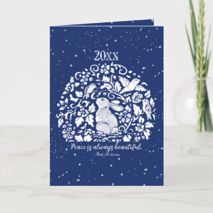 Christmas Holiday Rabbit Blue White Peace Year Card