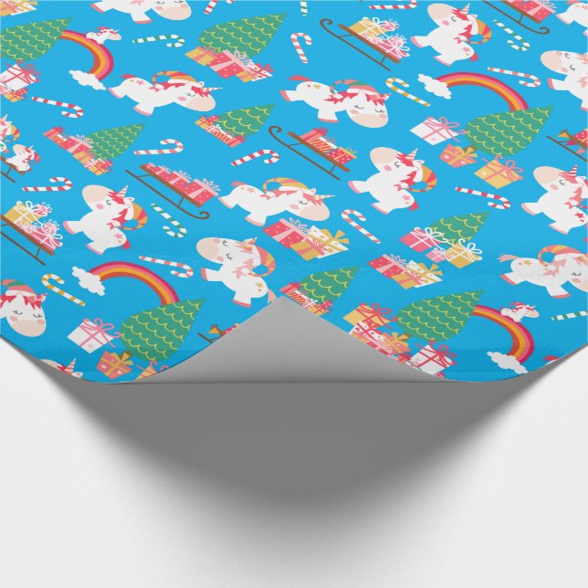 Christmas Holiday Rainbow Unicorns Candy Cane Wrapping Paper (Corner)