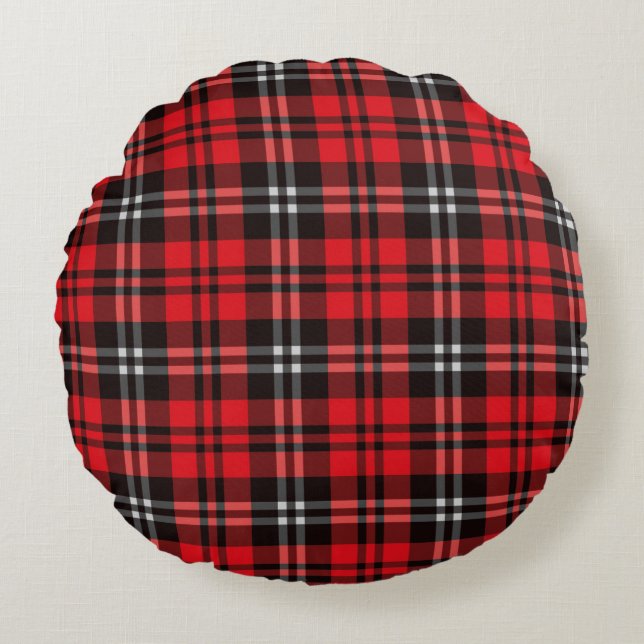 Christmas Holiday Red and Black Tartan Round Pillow (Front)