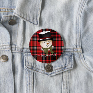 Christmas Holiday Red and Black Tartan Snowman Button