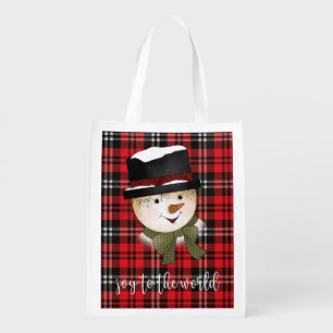 Christmas Holiday Red and Black Tartan Snowman Grocery Bag