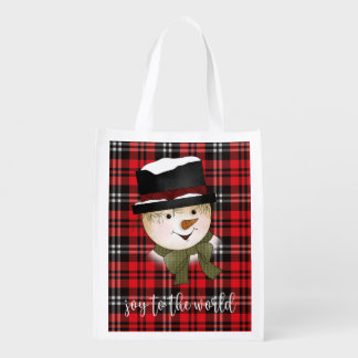 Christmas Holiday Red and Black Tartan Snowman Grocery Bag