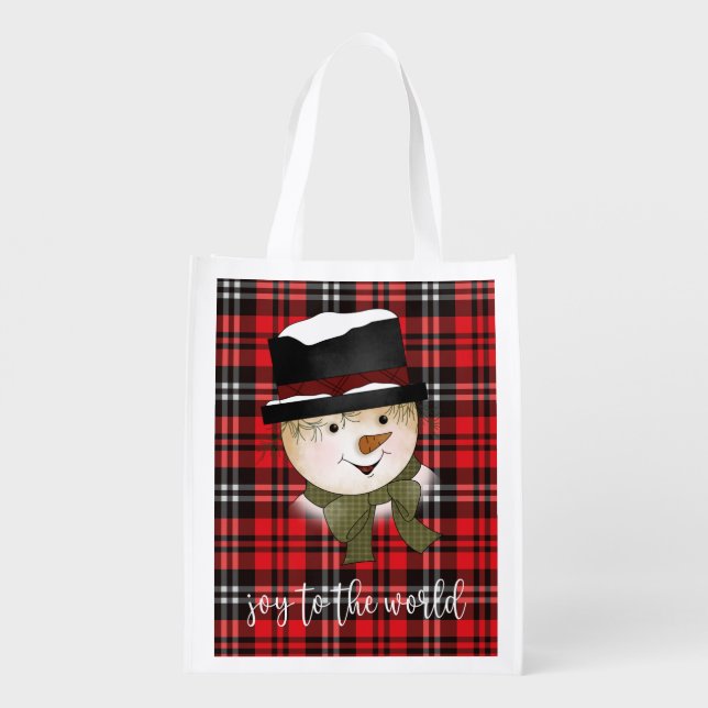 Christmas Holiday Red and Black Tartan Snowman Grocery Bag (Back)