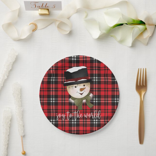 Christmas Holiday Red and Black Tartan Snowman Paper Plates (Wedding)