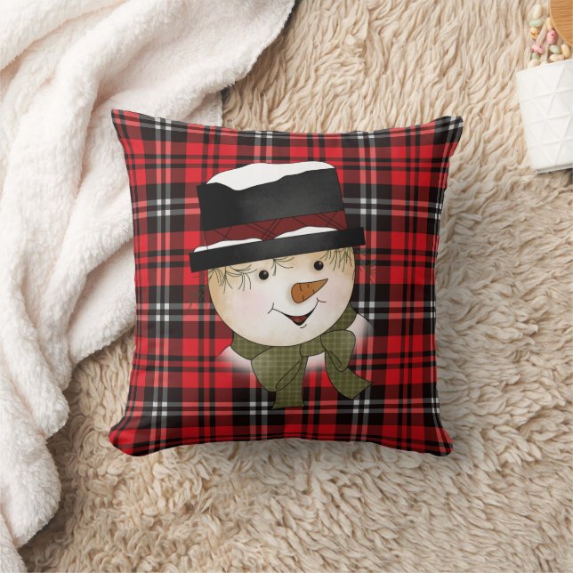 Christmas Holiday Red and Black Tartan Snowman Throw Pillow (Blanket)