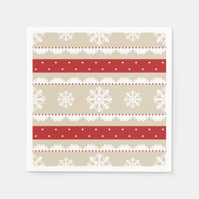 Christmas Holiday Red & Beige Snowflakes Pattern Paper Napkins (Front)