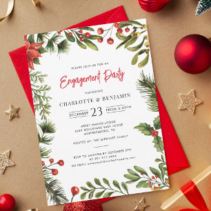 Christmas Holiday Red Berries Engagement Party Invitation