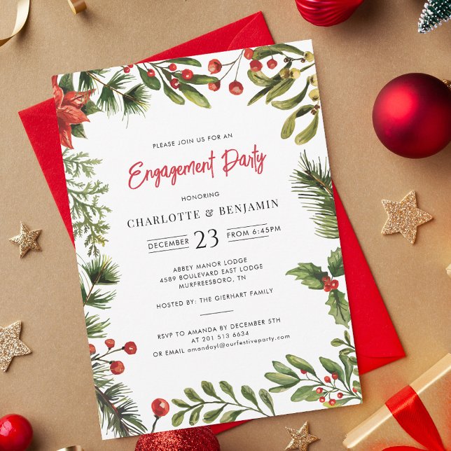 Christmas Holiday Red Berries Engagement Party Invitation (Christmas Engagement Red Berries Greenery Party Invitation)