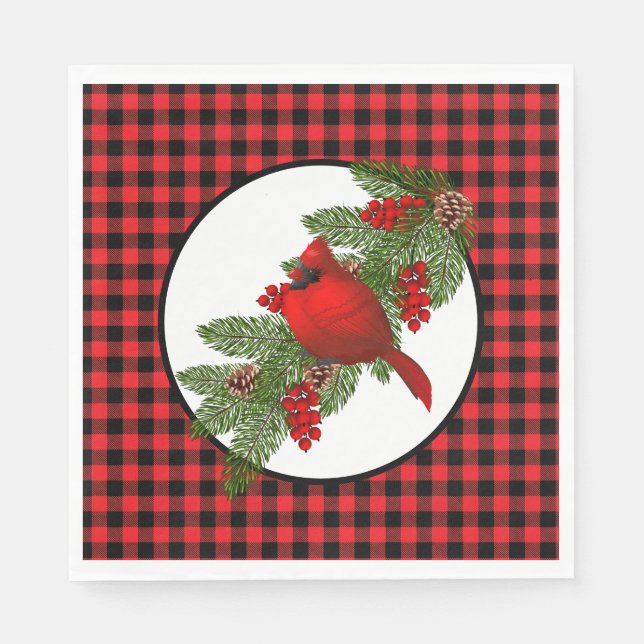 Christmas Holiday Red Cardinal Buffalo Print Napkins (Front)