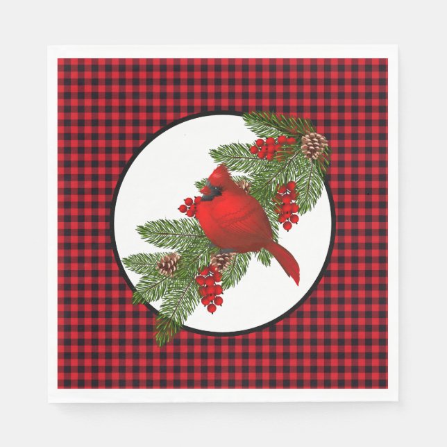 Christmas Holiday Red Cardinal Buffalo Print Napkins (Front)