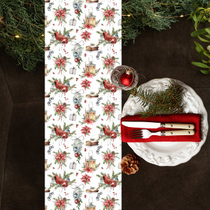 Christmas Holiday Red Cardinals White Lanterns Short Table Runner