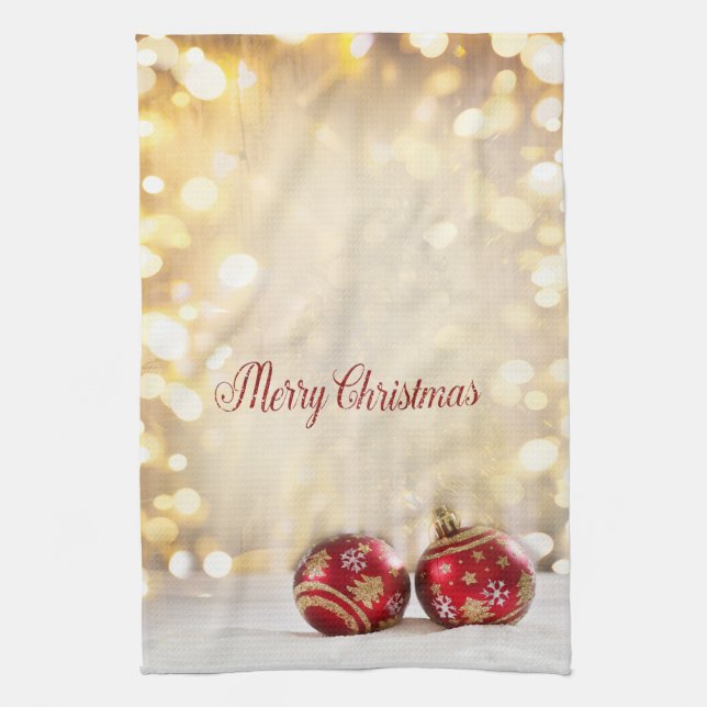 Christmas Holiday-Red Christmas Balls Bokeh  Kitchen Towel (Vertical)