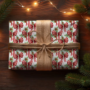 Christmas Holiday Red Gingham Check Bows Wrapping Paper