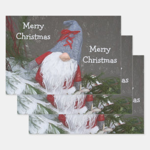 Christmas Holiday Red Gray Rustic Gnome Wrapping Paper Sheets