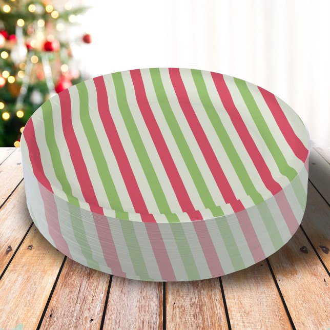 Christmas Holiday Red Green Colorful Striped Paper Plates (Simple red and green striped paper plates. )