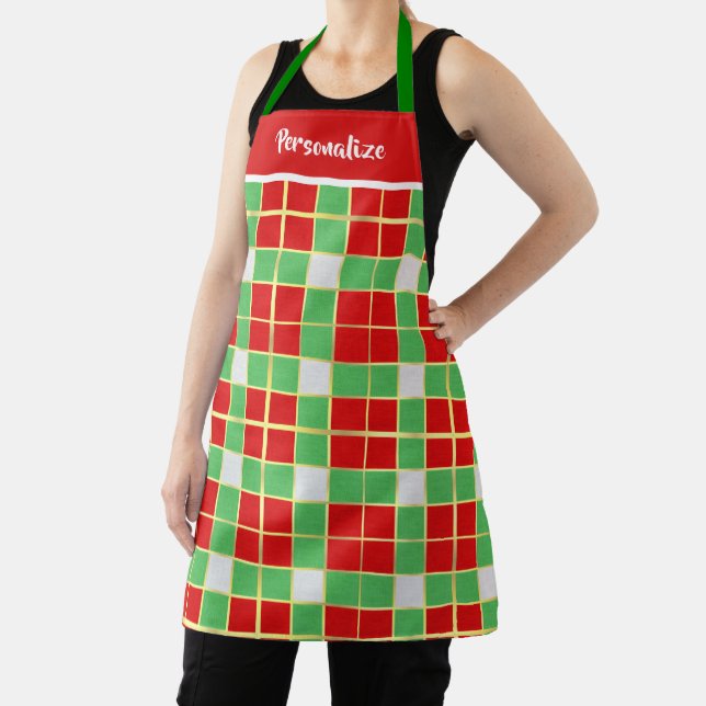Christmas Holiday Red Green Pattern Gold Trim Apron (Insitu)